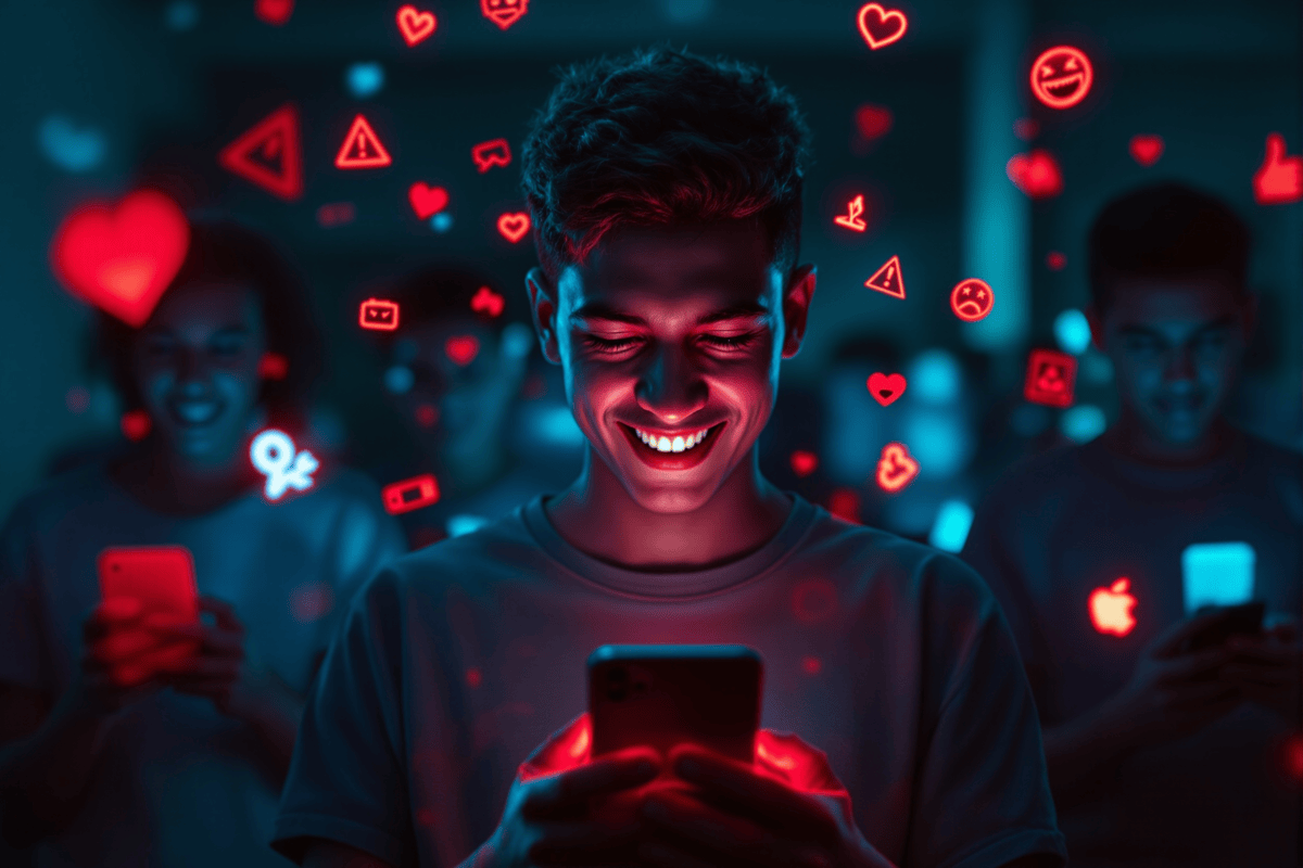 Adolescente sonriendo mientras su teléfono ilumina su rostro con íconos de redes sociales.