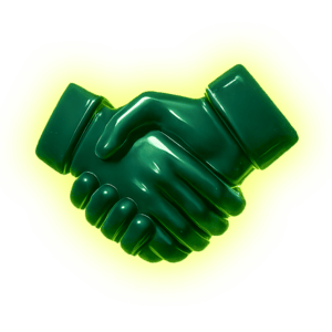 Ícono 3D de un apretón de manos verde brillante.