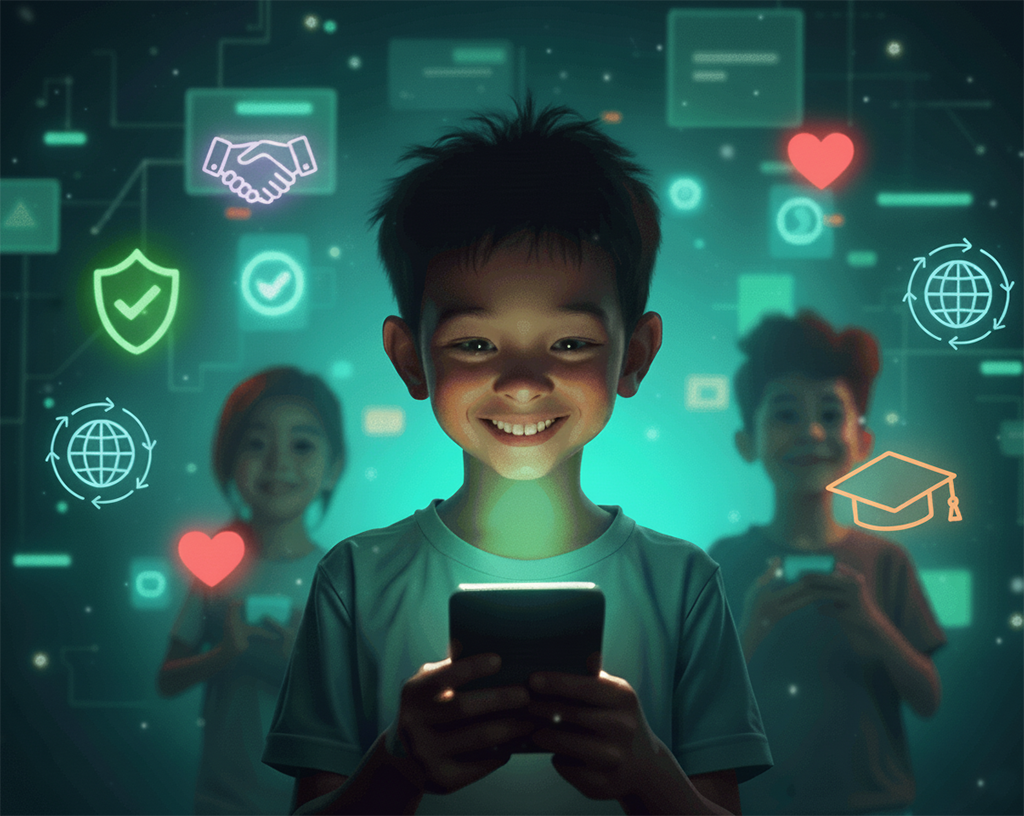 Niño sonriendo mientras usa una tableta que emite una luz brillante con íconos de 'me gusta'.
