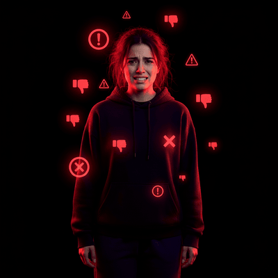 Joven abrumada y rodeada de íconos de advertencia y 'no me gusta' rojos.